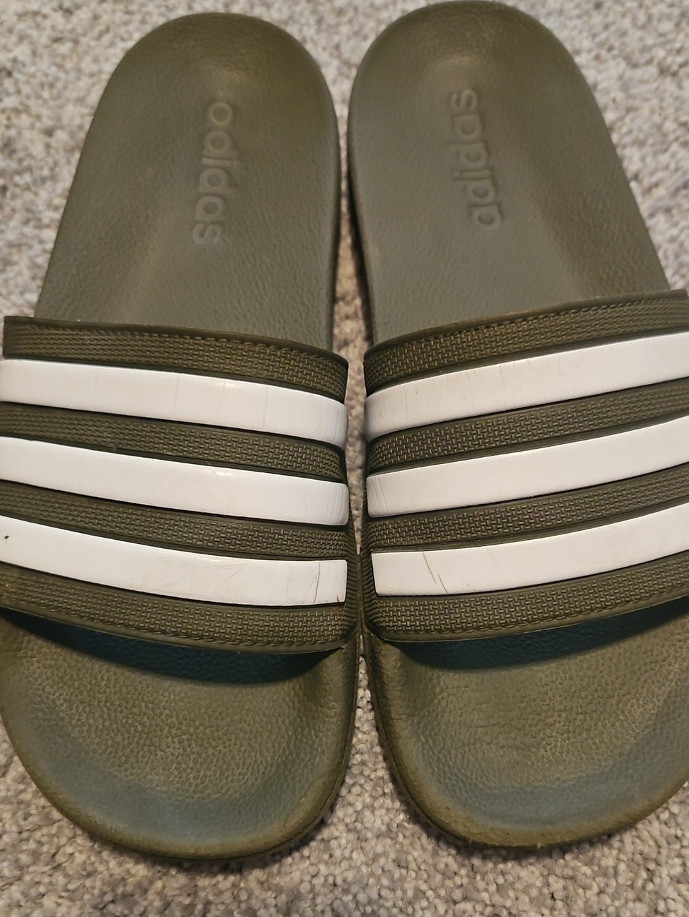 Mens ADIDAS Olive Green Slide Sandals with White Stripes